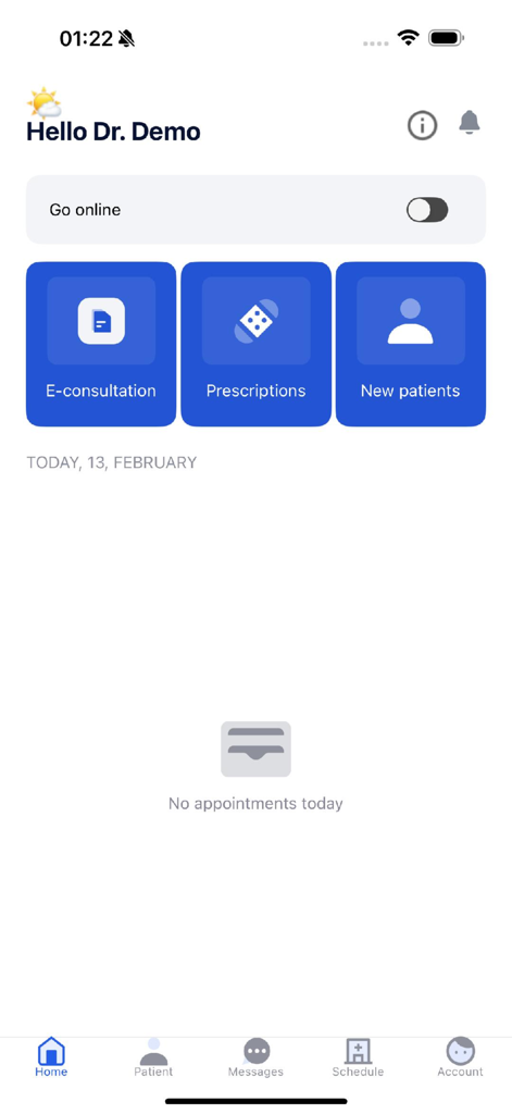 Painel do médico no aplicativo Total HealthCare 360 com opções de teleconsulta e prescrição.
