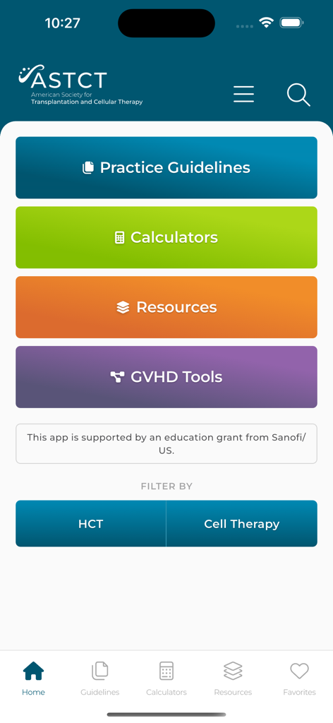 ASTCT Practice Guidelines - Home screen of the ASTCT Practice Guidelines app showing navigation buttons for clinical guidelines and calculators