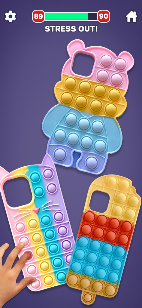 Hand interacting with colorful animal shaped 3D pop it fidget toys for stress relief