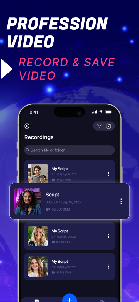 Teleprompter Camera - Interfaz de la aplicación Teleprompter Camera que muestra una lista de grabaciones de video y guiones guardados.