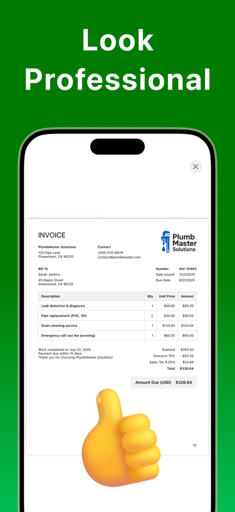 엄지척 이모티콘이 있는 배관 사업을 위한 전문 PDF 송장을 표시하는 iPhone 화면.