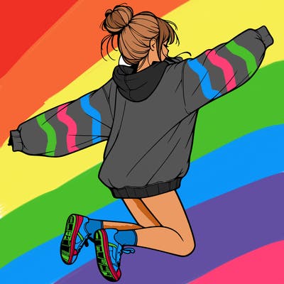 realistic girl jumping with a bun and oversized sweatshirt