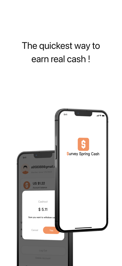 Survey Spring Cash - Earn cash - Survey Spring Cash app interface on iPhone screens showing a cashout confirmation for real money