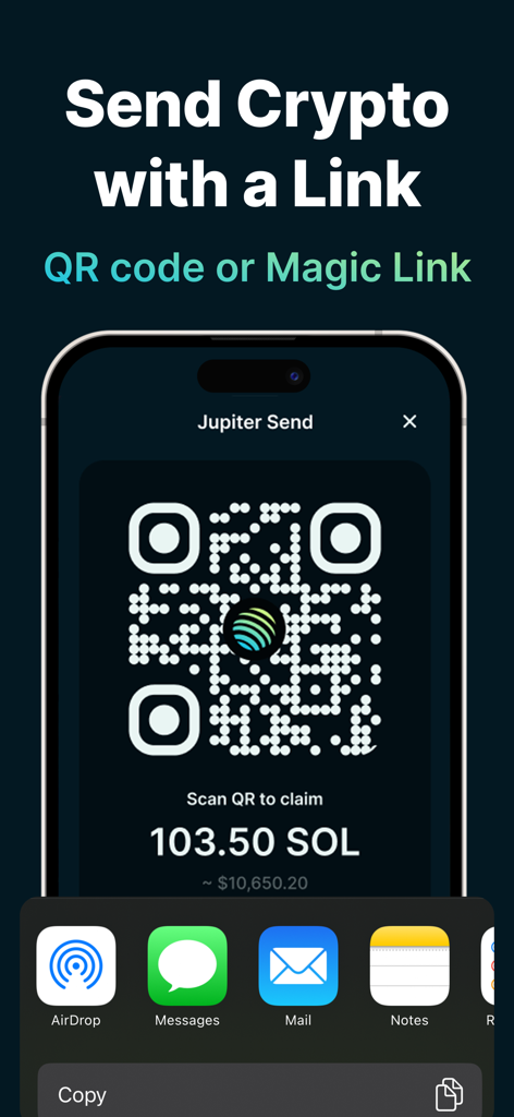 Jupiter Mobile app screen showing a QR code and magic link sharing options to send Solana crypto