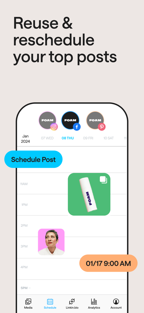 Later: Social Media Scheduler - Screenshot der Later-App-Oberfläche zum Neuplanen von Social-Media-Posts in einem Kalender