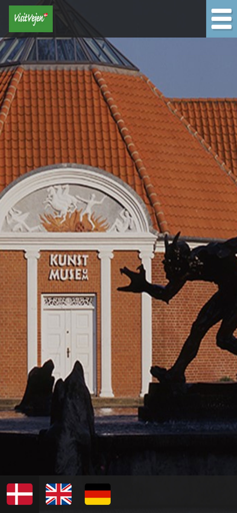 VisitVejen - VisitVejen mobile app home screen showing the Vejen Art Museum with language selection flags at the bottom