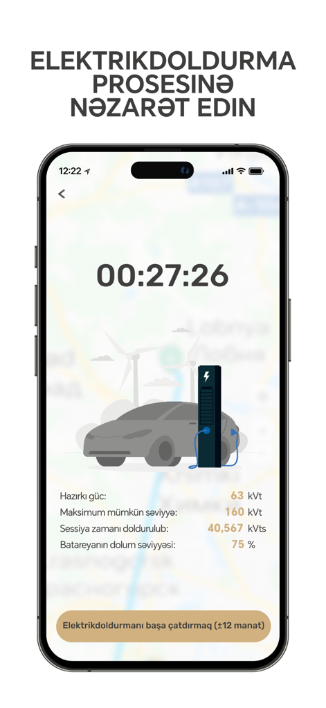 Azərişıq VEP – EV Charging - Real time EV charging monitoring screen in the Azərişıq VEP app showing battery level and charging time.