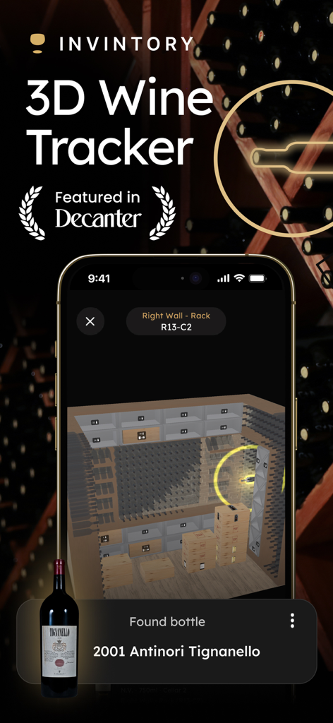 InVintory 3D wine tracker showing a virtual cellar map to locate bottles.