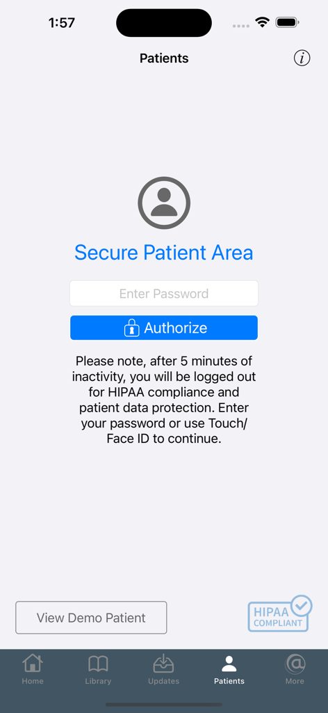 Neurology @Point of Care - Neurology At Point of Care app secure patient area login screen showing HIPAA compliance notice