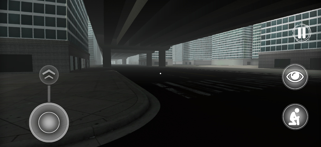 First person view of empty city streets and skyscrapers in Level 11 of Backrooms The Endless City