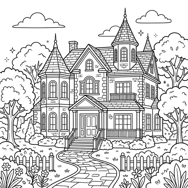 Invite your child to explore their creativity with this magnificent mansion coloring page, perfectly designed for young artists. Featuring a grand house nestled in a beautiful garden, it promises hours of imaginative fun.