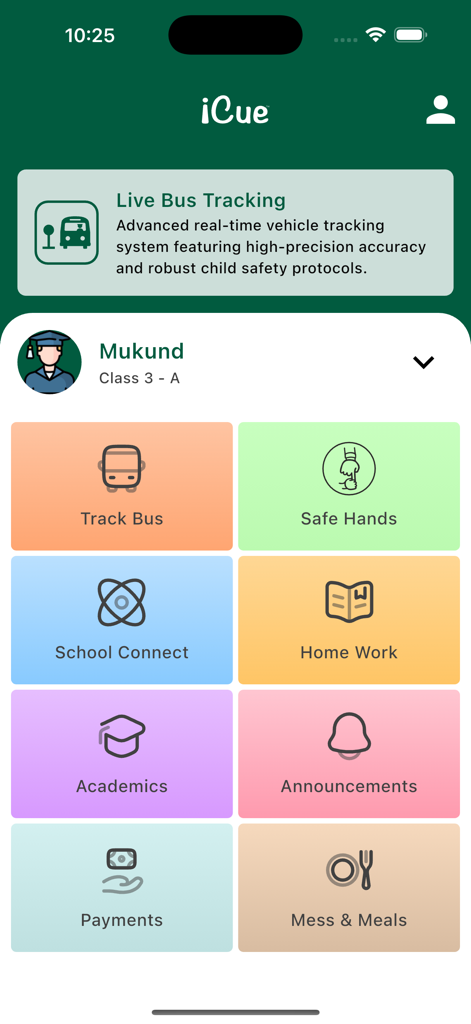 iCue Parent - Panel de control de la aplicación iCue Parent que muestra funciones de gestión escolar como seguimiento de autobús, tareas y pagos