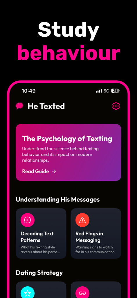Screenshot of the He Texted app interface displaying guides for decoding text patterns and identifying dating red flags.