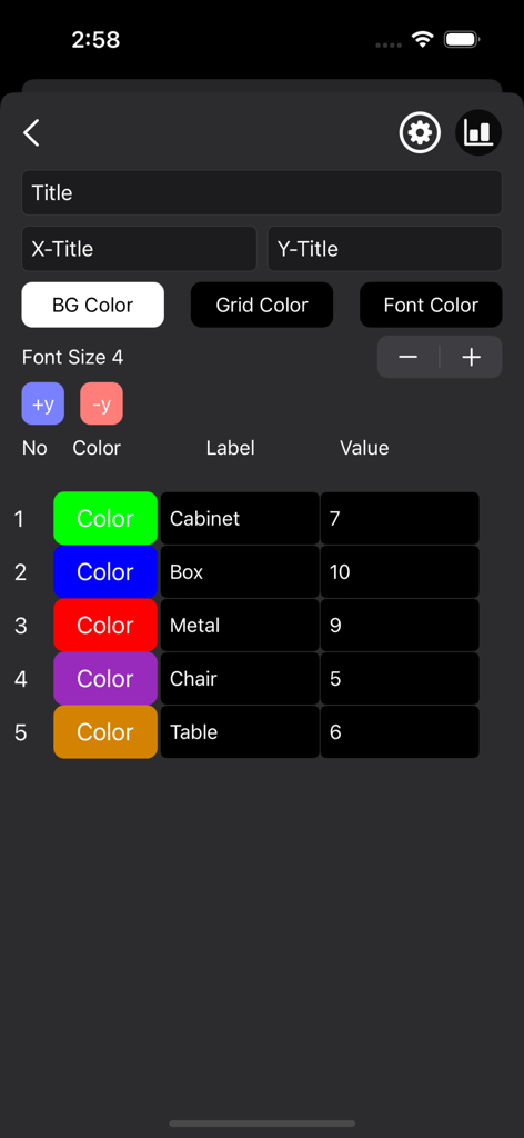 3D Chart Maker - Interface showing data input and color selection for a 3D chart maker app.