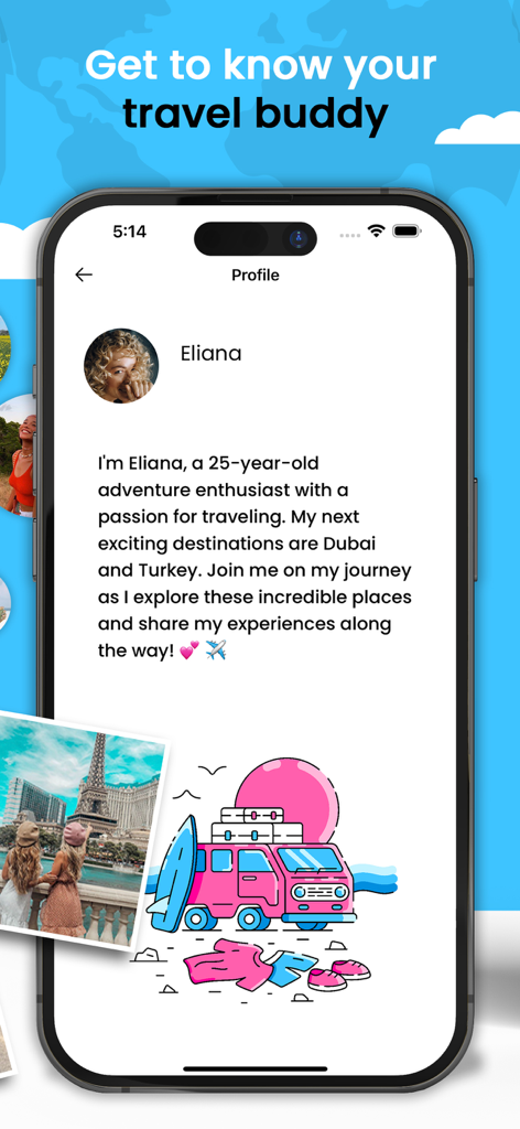 Tripper - Travel mate finder - Tela de perfil de usuário no aplicativo Tripper mostrando a biografia e os interesses de um colega de viagem