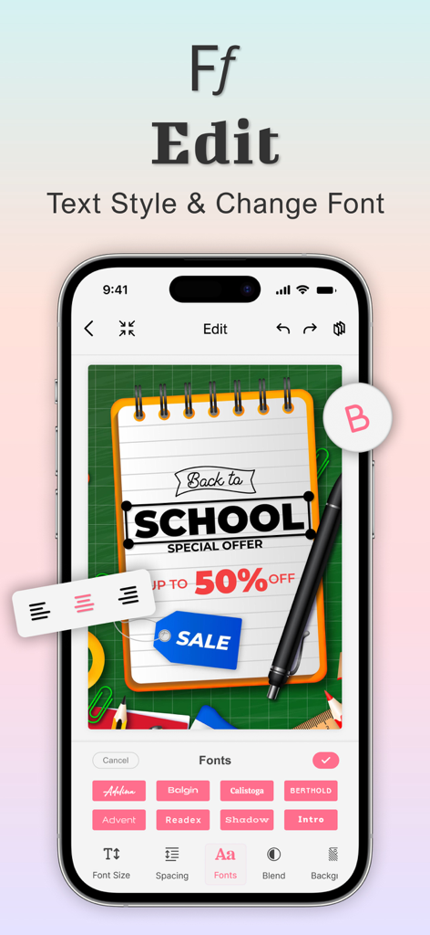 Poster Maker - Flyer Maker Ads - Interface of the Poster Maker app showing font styles and text editing tools for a back to school flyer.
