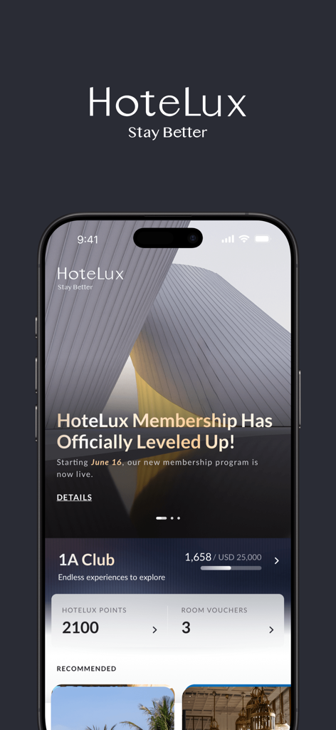 HoteLux: Stay Better - The HoteLux app interface showcasing elite membership status and reward points.