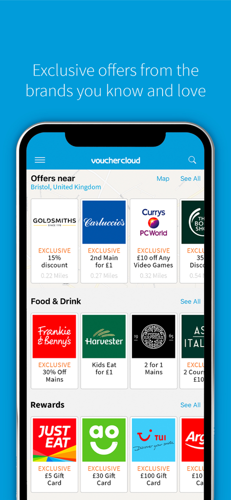 vouchercloud: vouchers offers - Pantalla de la app móvil mostrando vales de compra y de restauración basados en la ubicación de marcas populares como Pizza Express y Currys.