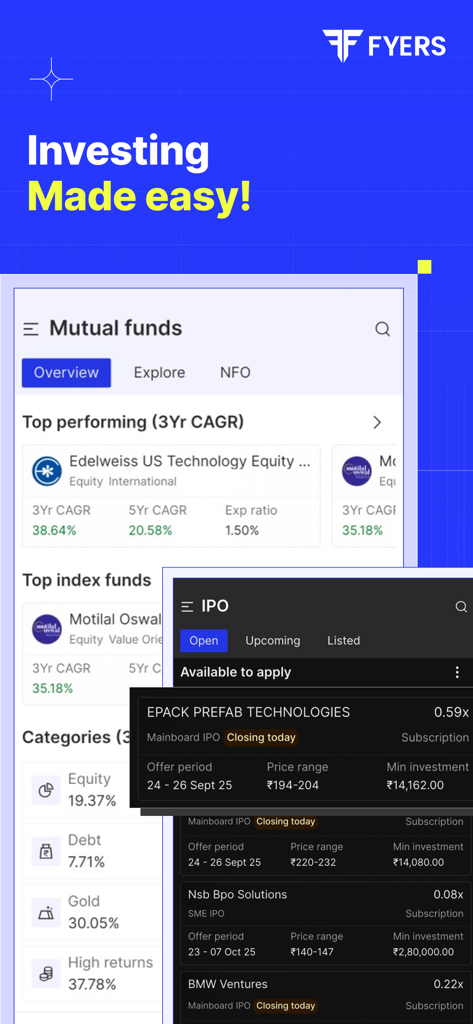 Interface of the FYERS mobile app displaying mutual funds categories and available IPO opportunities.