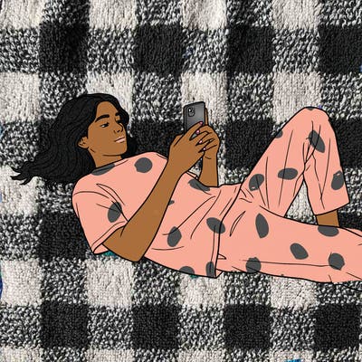 realistic teenager laying down with her phone