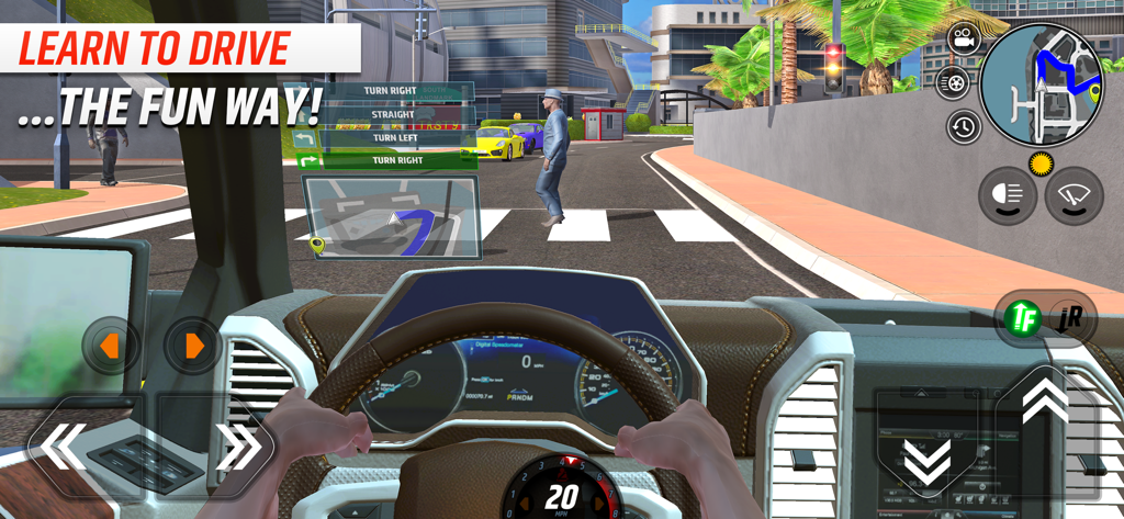 First person cockpit view of Car Driving School Simulator showing a car interior and city streets with navigation instructions