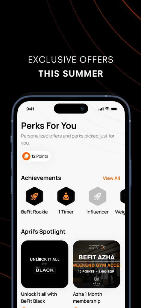 BeFit 360 - BeFit 360 mobile app interface showing fitness achievements, reward points, and exclusive summer membership offers.
