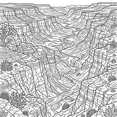 Dive into the majestic beauty of nature with this intricate rift valley coloring page, perfect for teens. Explore dramatic geological layers and winding rivers, offering a captivating challenge for your artistic skills.