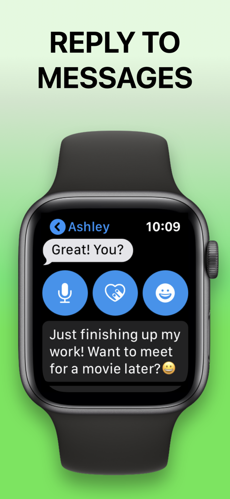 FlickType - Watch Keyboard - FlickType keyboard app interface on Apple Watch showing a message reply screen.