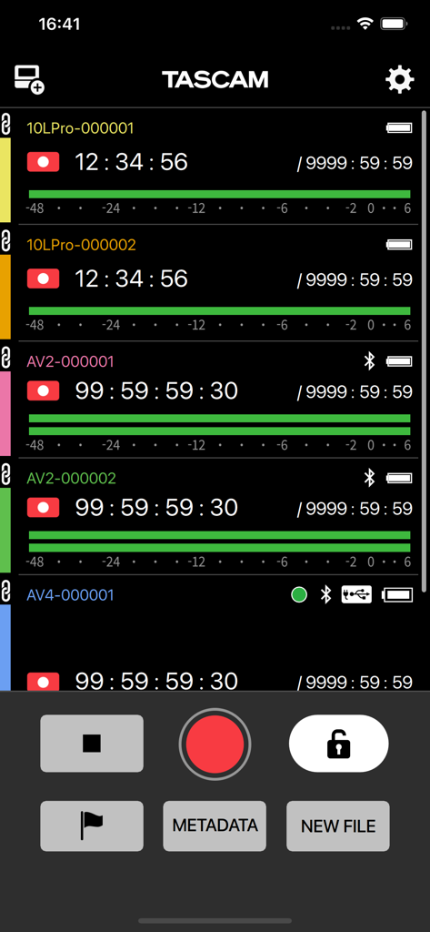 TASCAM RECORDER CONNECT - TASCAM RECORDER CONNECT app interface showing status and controls for five connected audio recorders simultaneously.