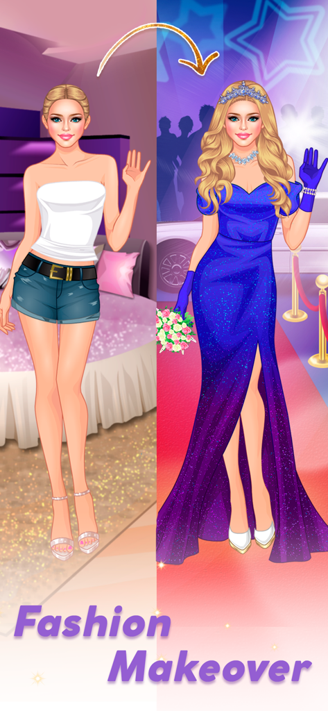 Makeover di moda prima e dopo di una ragazza in abiti casual e un abito da sera glamour su un red carpet.