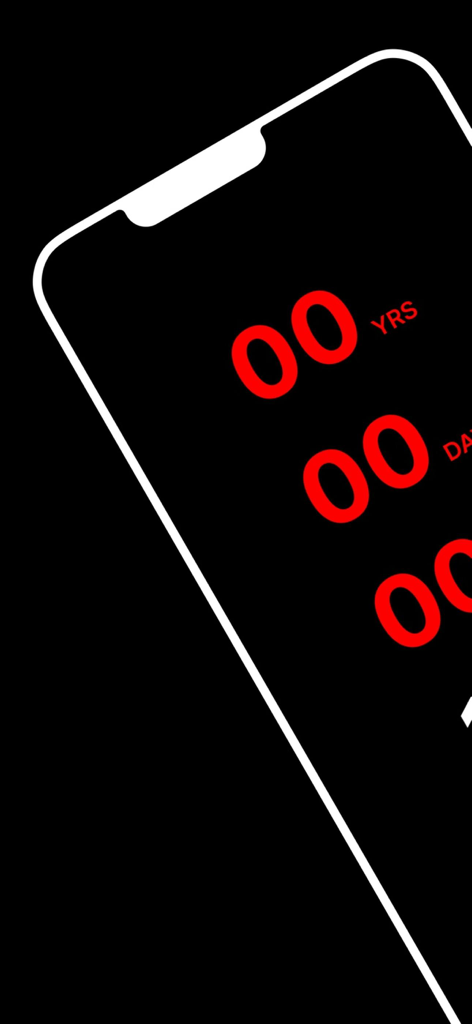 A smartphone display showing a red digital life expectancy countdown timer against a dark background
