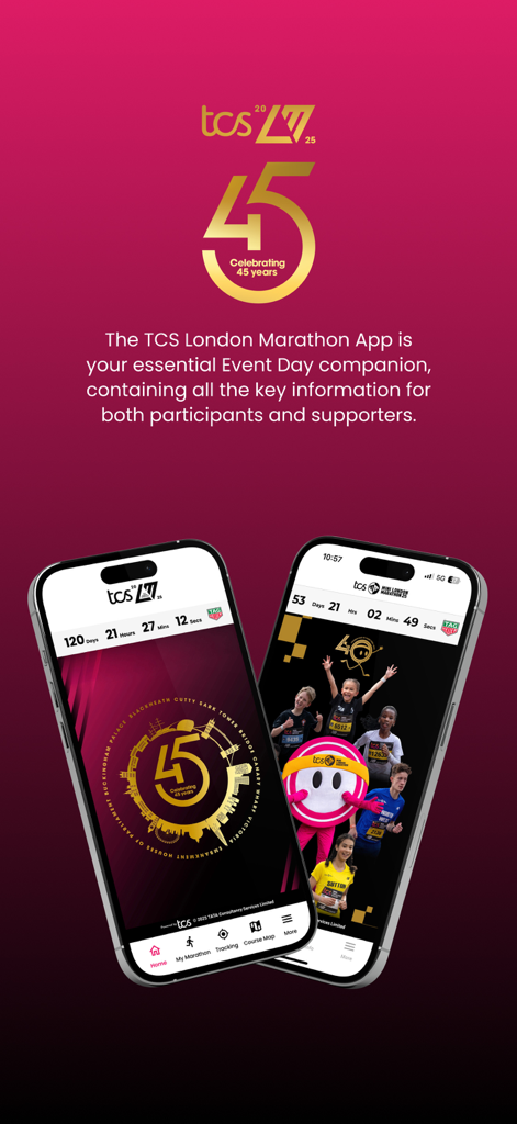 Werbe-Display der TCS London Marathon App 2025 auf zwei Mobilgeräten mit dem Logo zum 45. Jubiläum und einem Countdown-Timer