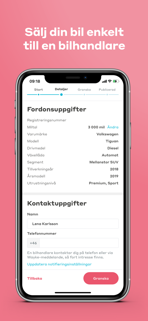 Mobile app interface showing vehicle specifications and contact information for selling a car