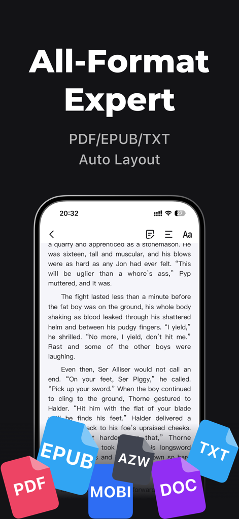 Pantalla de la aplicación Readify que muestra soporte para múltiples formatos de archivo incluyendo PDF EPUB y TXT con función de diseño automático
