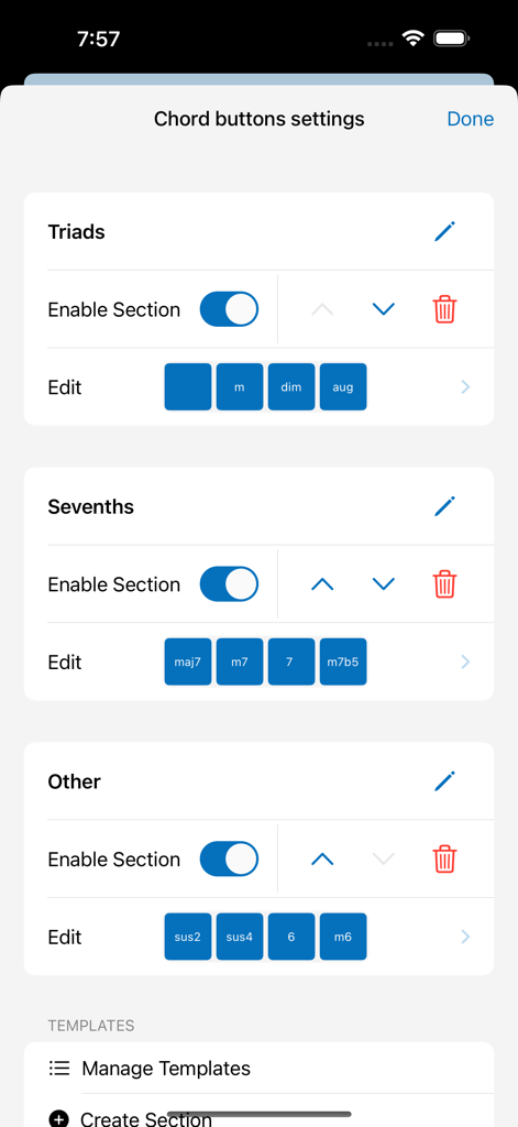 A settings screen for customizing chord buttons including triads and sevenths in the Chordi app