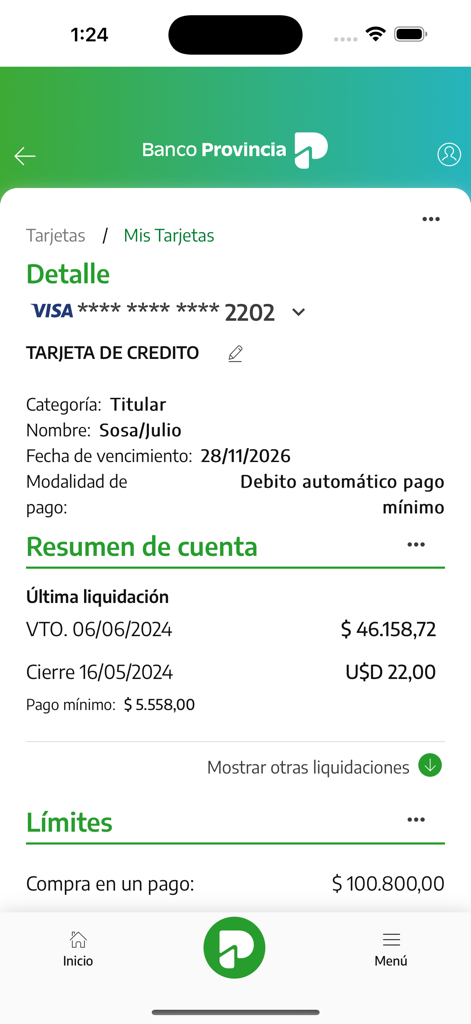 BIP Móvil - Resumen de cuenta de tarjeta de crédito y pantalla de detalles del extracto en la aplicación de banca BIP Movil.