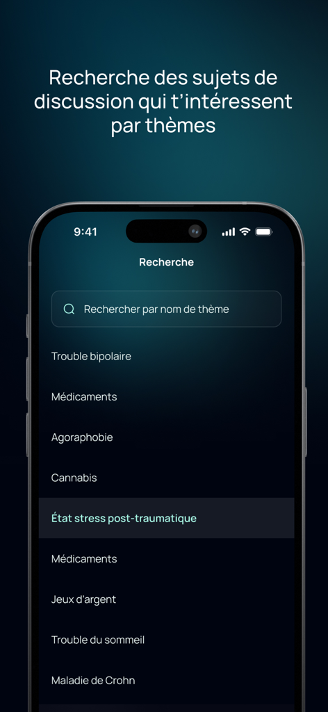 Talkity - Talkity App Suchbildschirm zeigt eine Liste von Diskussionsbereichen zu psychischer Gesundheit und chronischen Krankheiten.