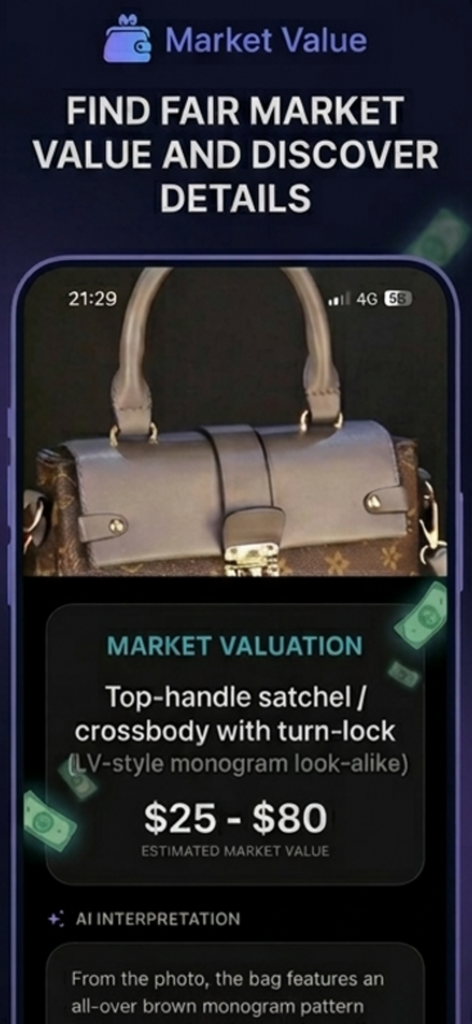 Legit Check AI : Fake Scanner - Legit Check AI app screen showing the market value estimation for a luxury monogram handbag