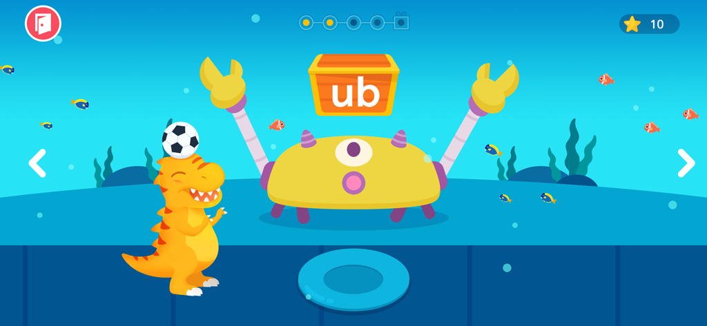 Ein Cartoon-Dinosaurier und ein Roboter lehren Lautverbindungen in einem Unterwasser-Lernspiel für Kinder.