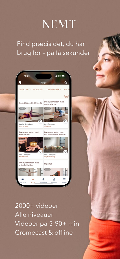 Yogavivo - Un smartphone mostrando la interfaz de la aplicación Yogavivo con una biblioteca seleccionada de vídeos de yoga y meditación.