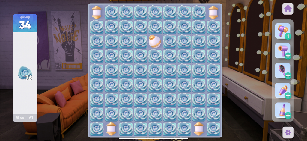 Hollywood Crush - Tablero de puzzle match-3 de Hollywood Crush con fichas de rosa azul claro en un entorno de vestuario de celebridades