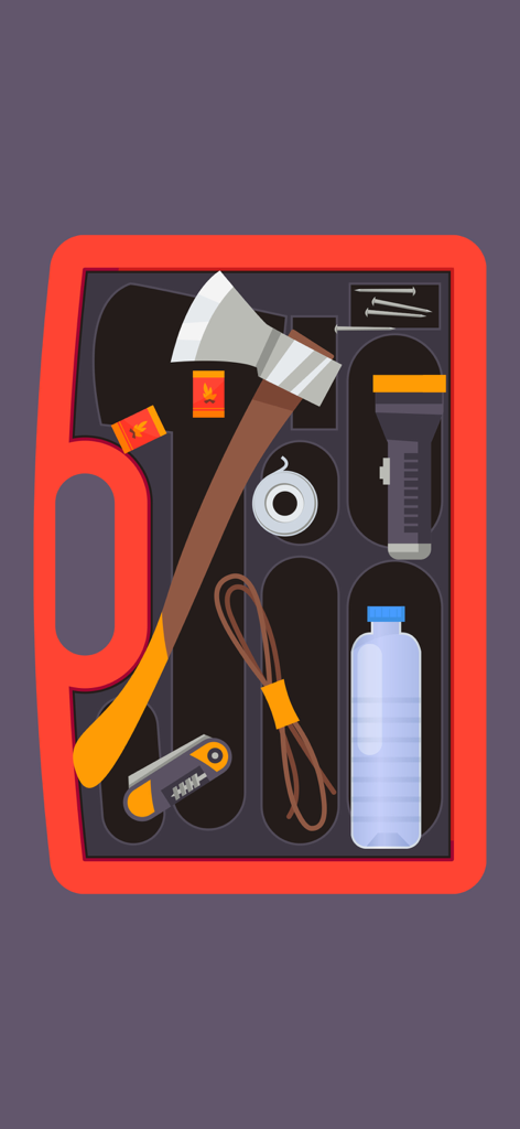 An organizing puzzle level featuring survival tools like an axe and flashlight in a red tray.