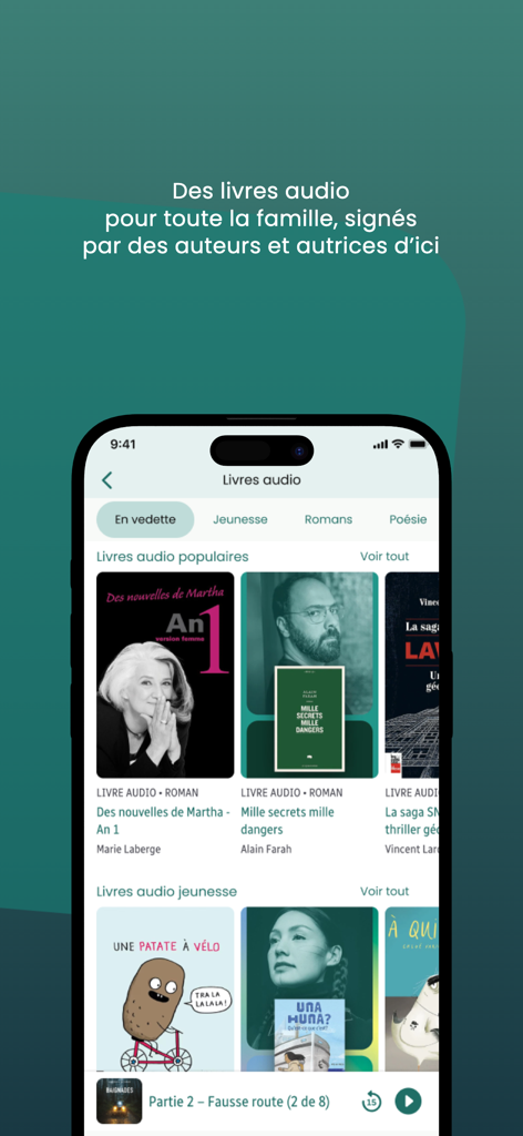 Interface do aplicativo Radio-Canada OHdio exibindo uma seleção de audiolivros em francês para adultos e crianças