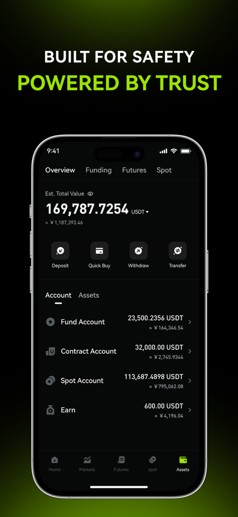 EasiCoin: Buy BTC & Crypto - Pantalla de resumen de activos de la aplicación móvil EasiCoin que muestra el saldo total en USDT y el desglose de la cuenta, incluidas las cuentas de fondos y al contado.