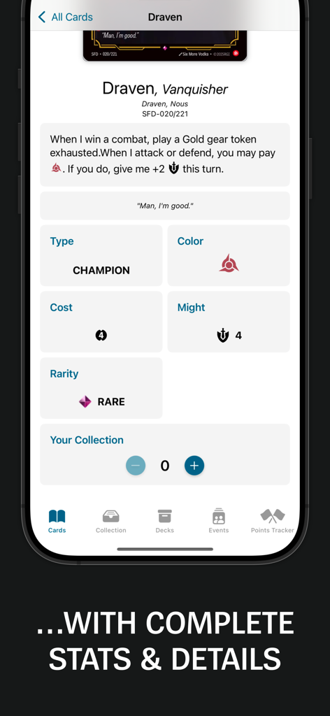 Riftbound Companion app screen showing detailed stats and collection tracker for the Draven Vanquisher card.