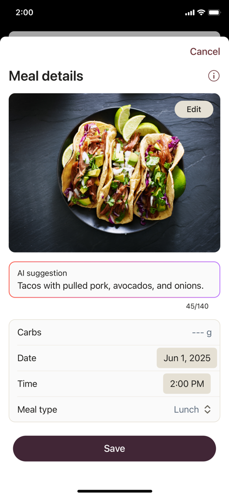 Stelo by Dexcom - Bildschirm mit Mahlzeitendetails der Stelo App, der die KI-Lebensmittelerkennung für ein Mittagessen mit Tacos zeigt