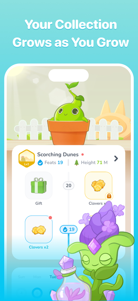 Plant Nanny app showing plant growth and reward collection interface