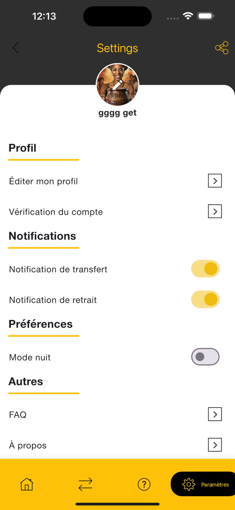 Einstellungen-Bildschirm der Ligdi-Geldtransfer-App mit Profil- und Benachrichtigungsoptionen