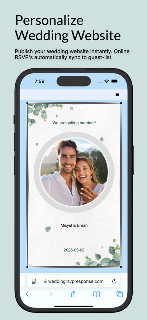 Schermata dell'app mobile che mostra un'anteprima del sito web del matrimonio personalizzato con la foto della coppia e la data del matrimonio