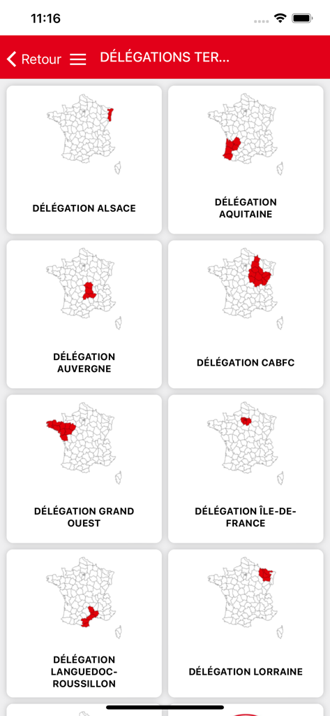 SFT - Interfaz de la aplicación SFT que muestra una cuadrícula de delegaciones regionales francesas con mapas que resaltan áreas específicas como Alsacia y Aquitania.